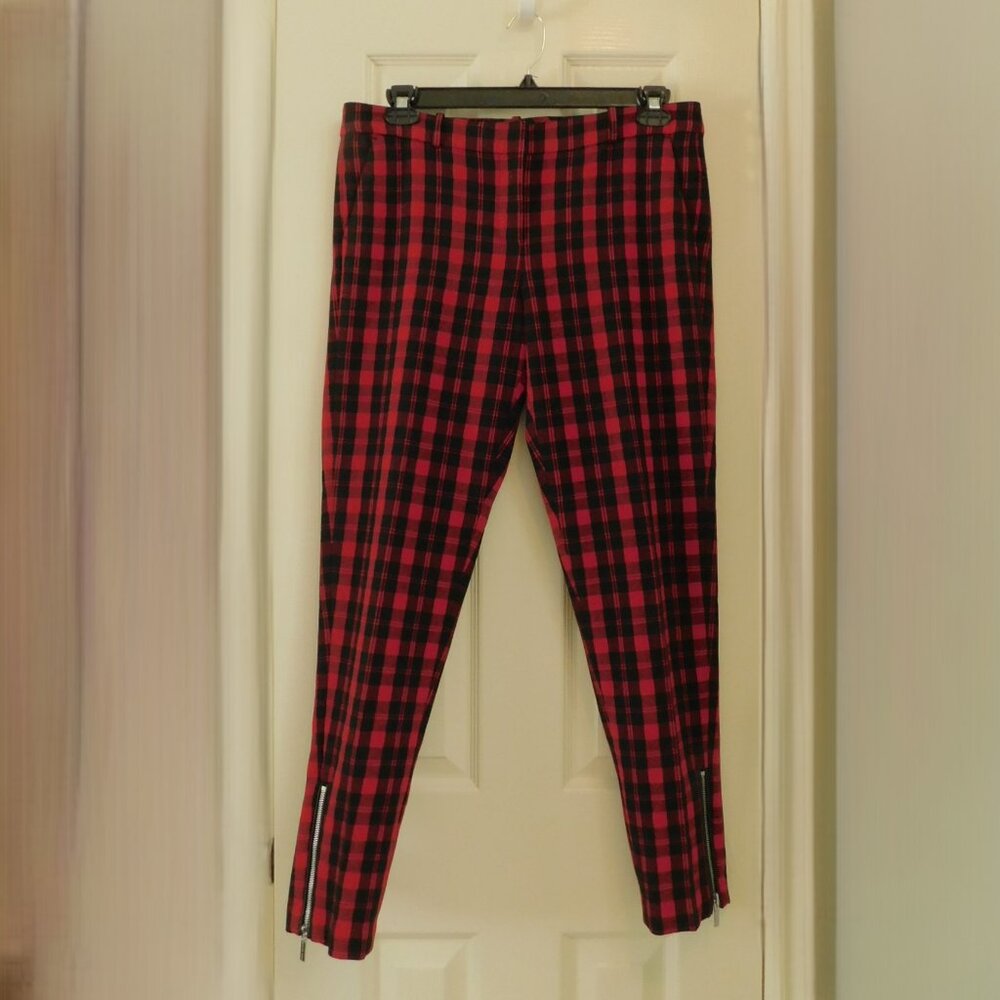 MICHAEL KORS Red Plaid Skinny Ankle Pants Zipper Accent Size 10